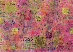 三日月と星のあるファチマの手、1999（紙にアクリルと金箔） 作： Laila Shawa